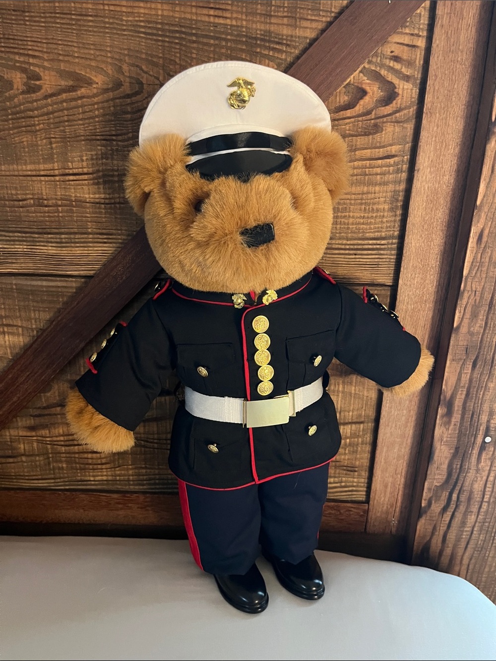 Rare Plush Teddy Bear in Marine Dress Uniform - Brown and Black